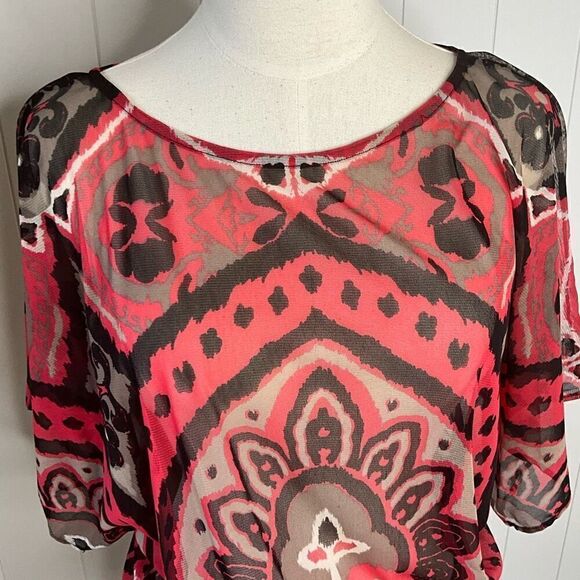 INC International Womens Medium Sheer Blouse Orange Brown Elastic Waist - Picture 2 of 14